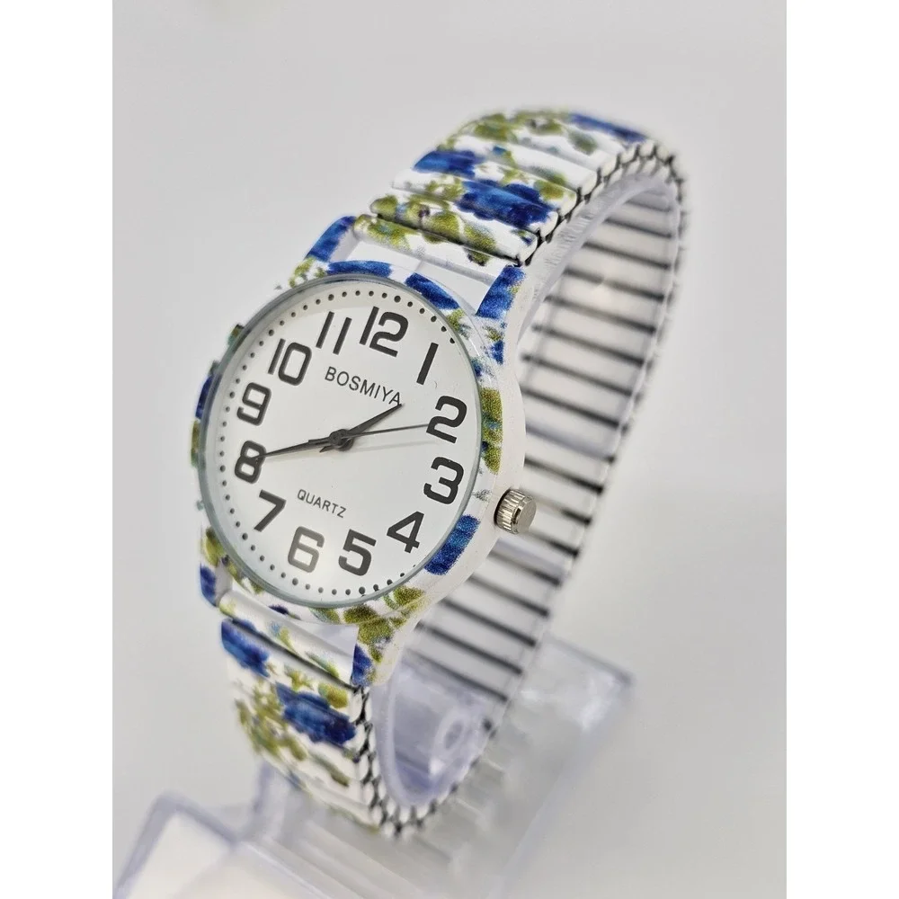 Women Watch Large Numerals 36MM Multicolor Flowers Stretch Band 6.5